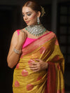 Banarasee Tissue Saree Buta Design With Zari Border-Yellow & Pink