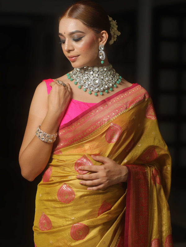 Banarasee Tissue Saree Buta Design With Zari Border-Yellow & Pink