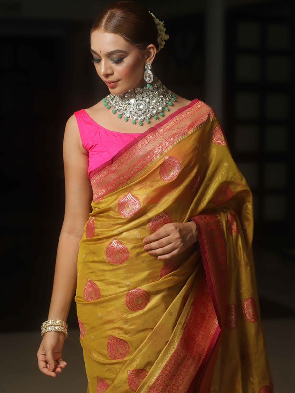 Banarasee Tissue Saree Buta Design With Zari Border-Yellow & Pink