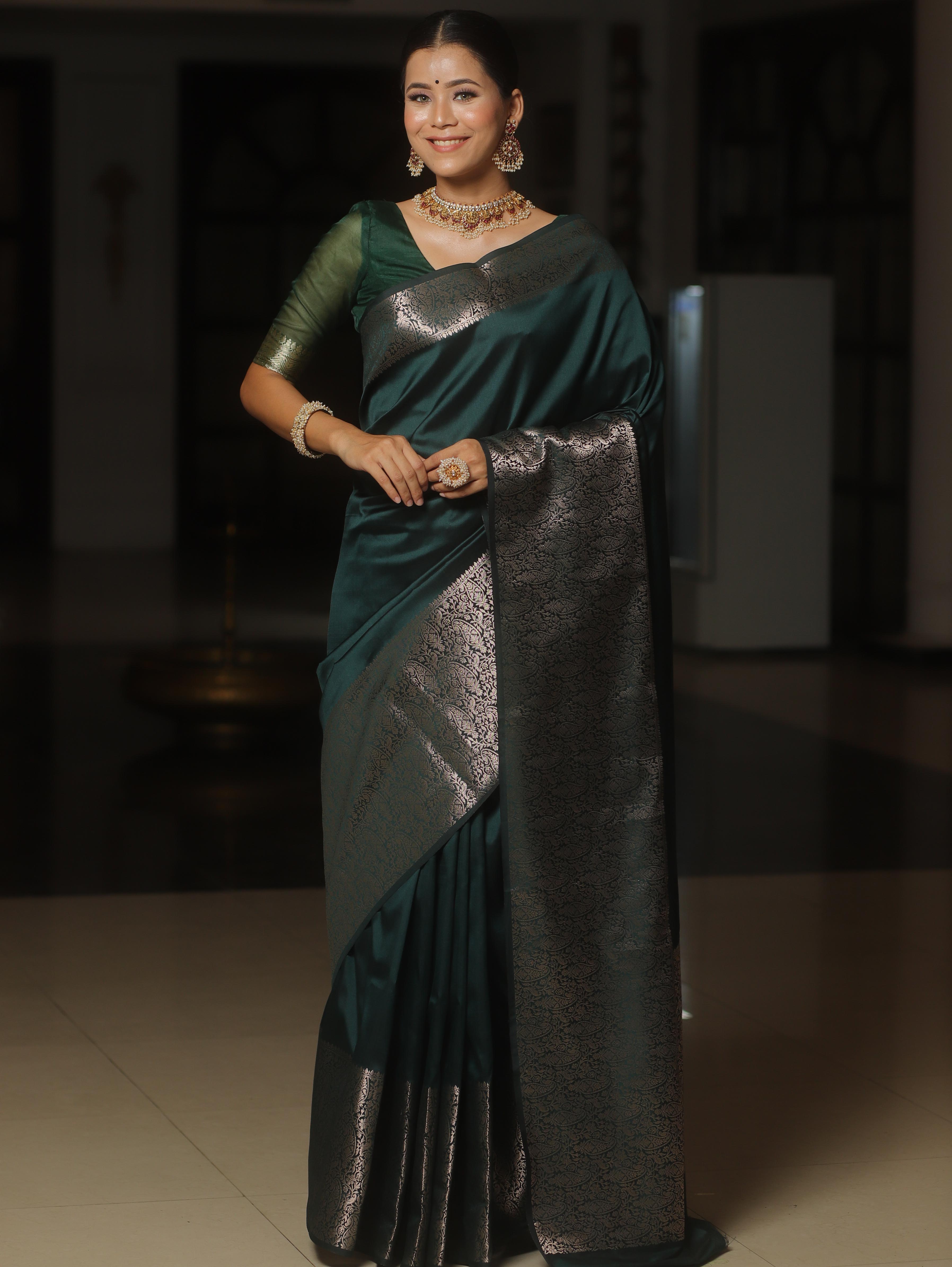 Banarasee Handwoven Semi Silk Saree With Zari Border Design-Green