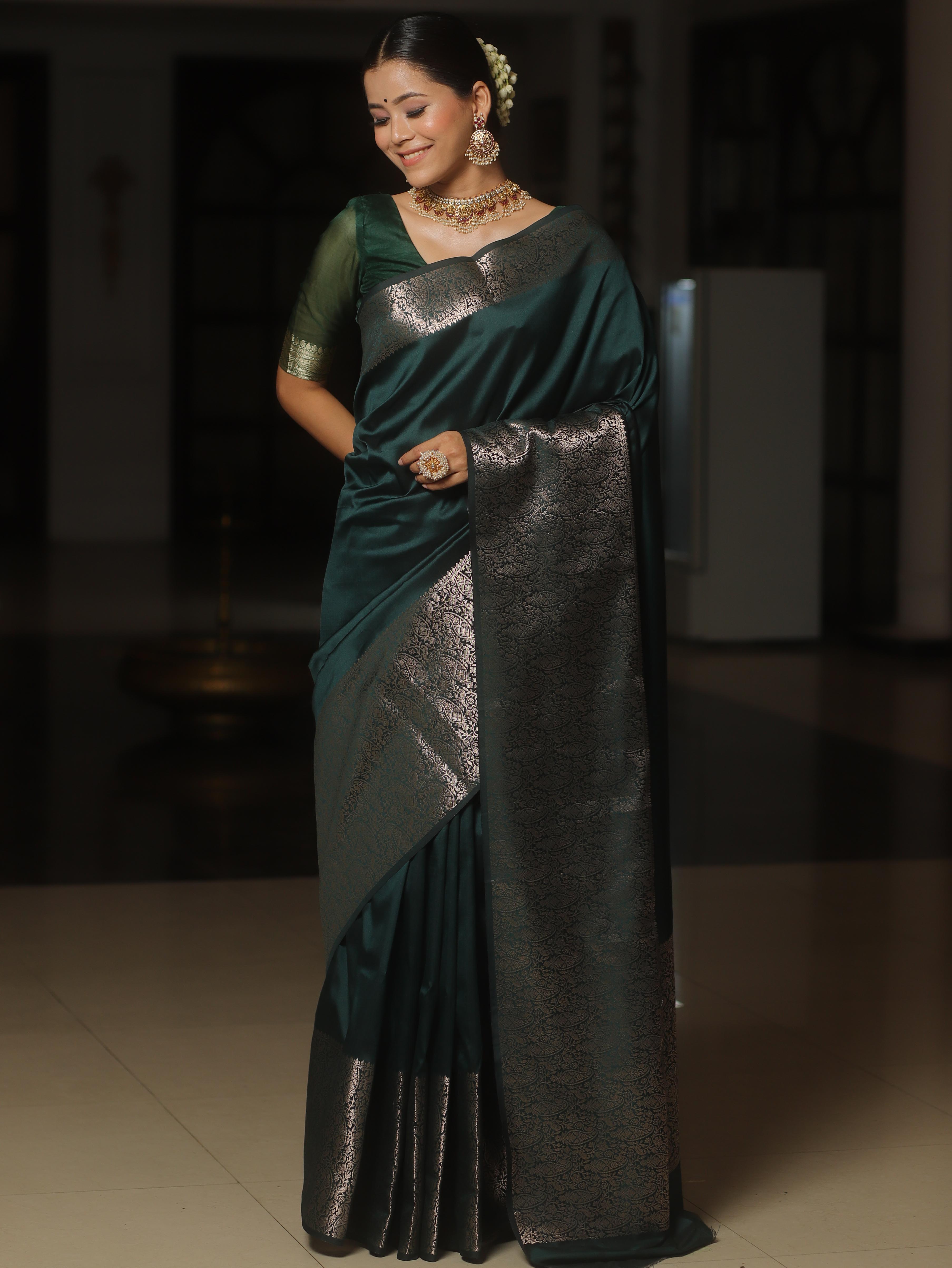 Banarasee Handwoven Semi Silk Saree With Zari Border Design-Green