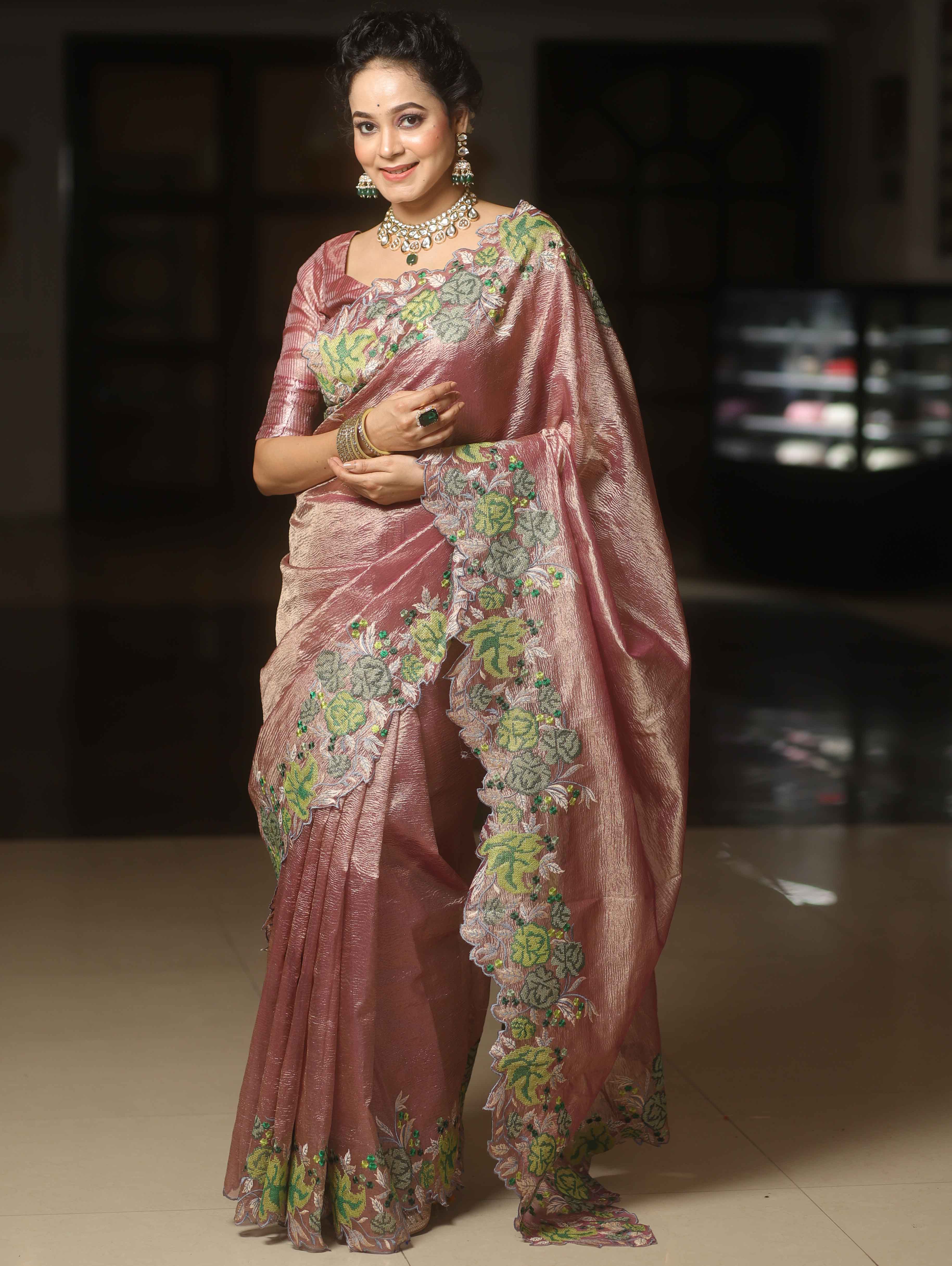 Banarasee Handwoven Crushed Tissue Saree With Embroidery Border-Onion Pink