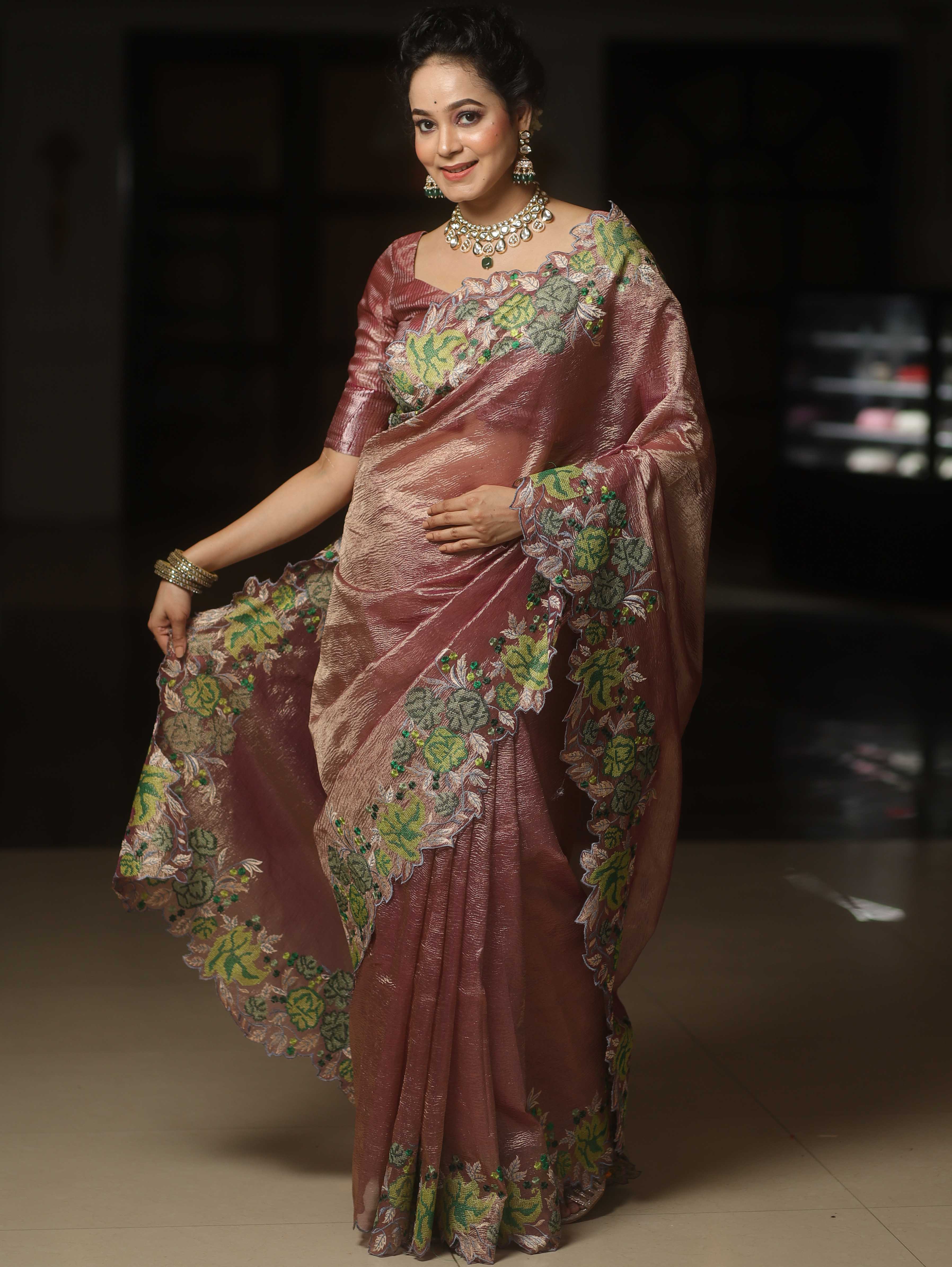 Banarasee Handwoven Crushed Tissue Saree With Embroidery Border-Onion Pink