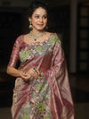 Banarasee Handwoven Crushed Tissue Saree With Embroidery Border-Onion Pink