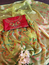 Banarasee Handwoven Jaal Design Organza Tissue Saree With Silk Embroidered Blouse-Light Green