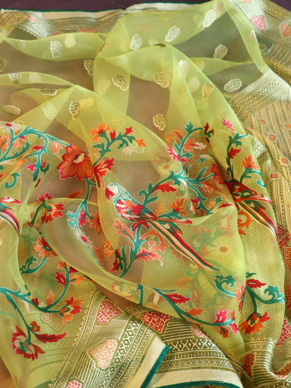 Banarasee Handwoven Jaal Design Organza Tissue Saree With Silk Embroidered Blouse-Light Green