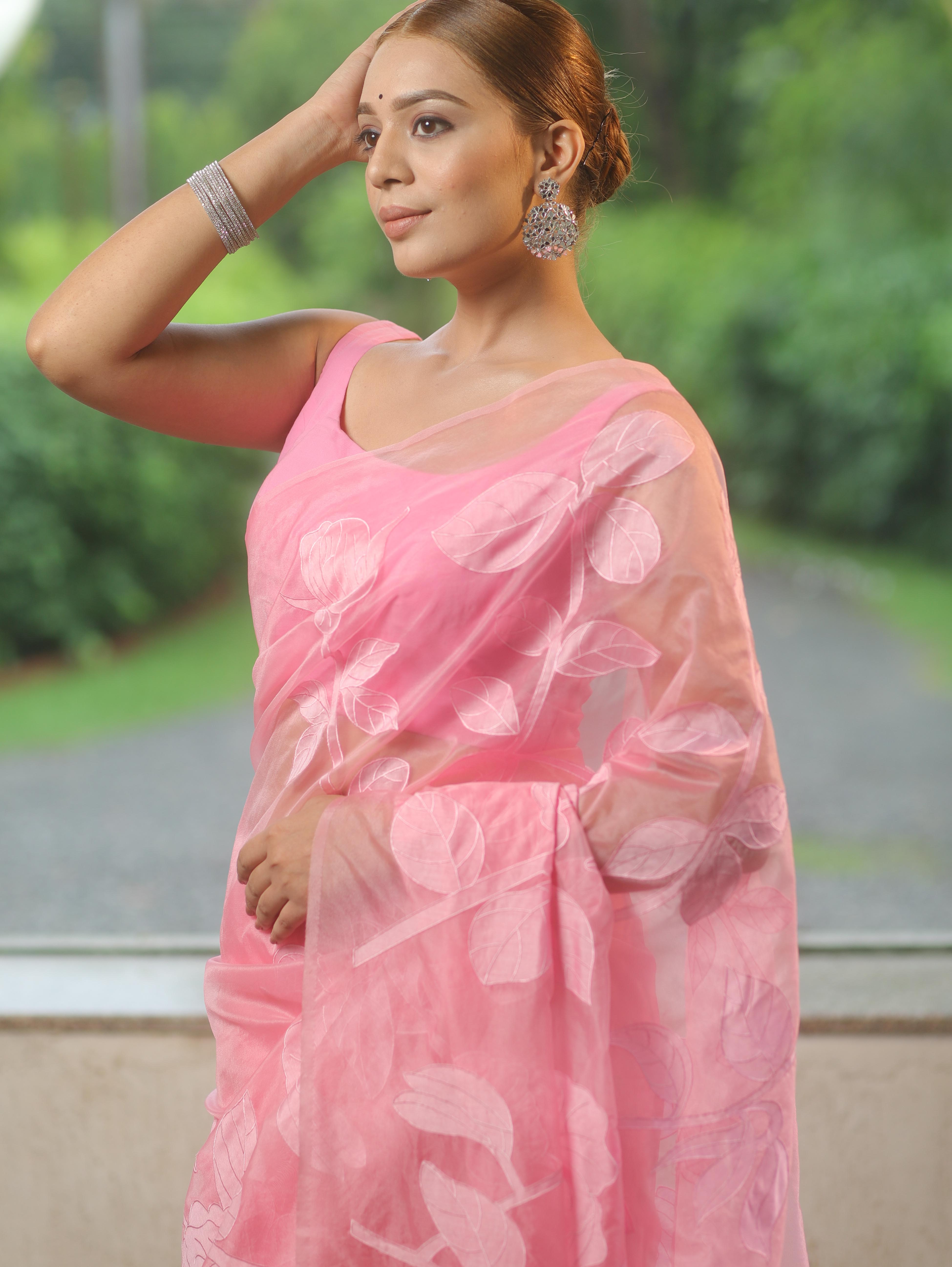 Banarasee Organza Mix Applique Work Saree-Pink