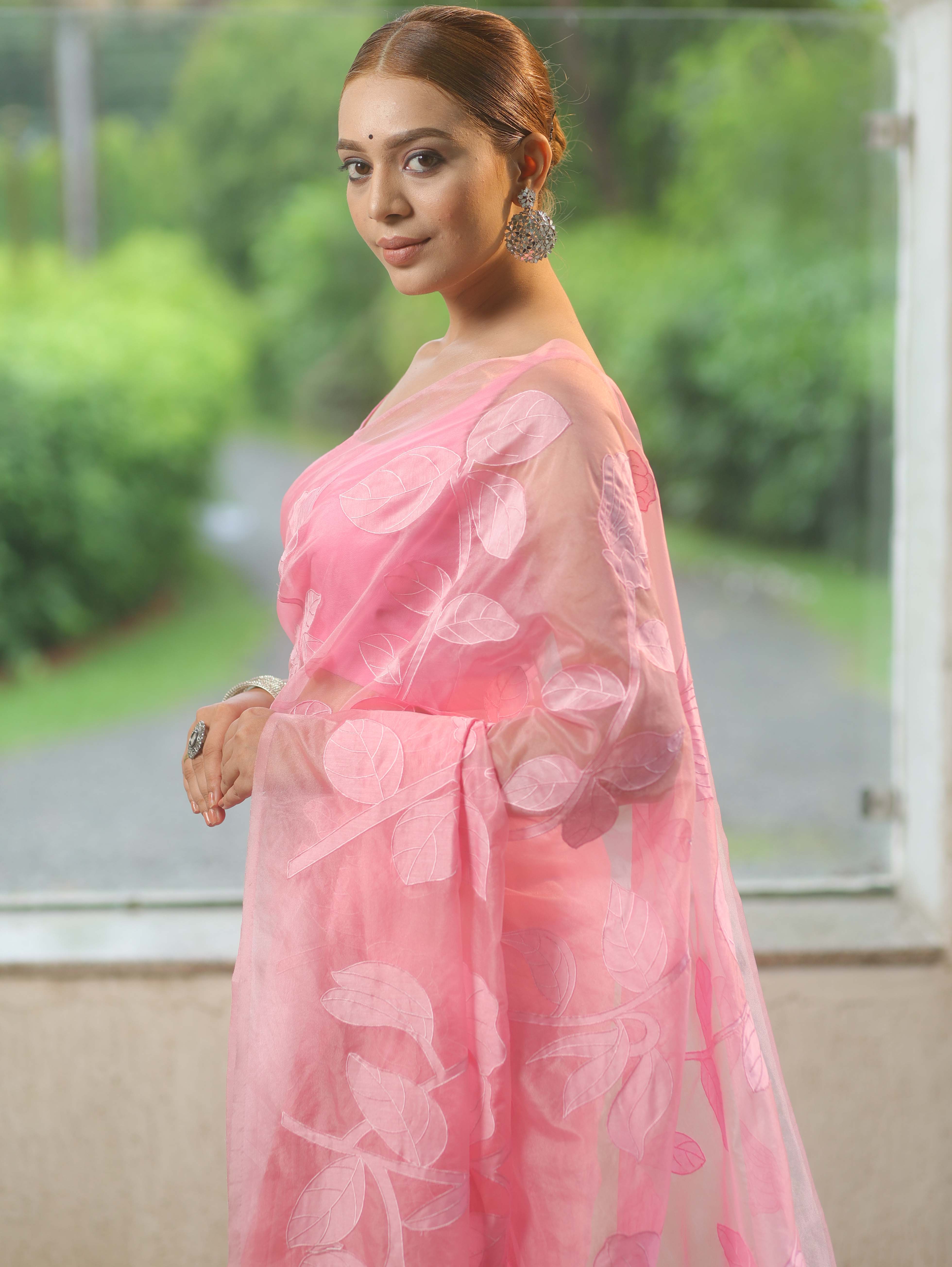 Banarasee Organza Mix Applique Work Saree-Pink