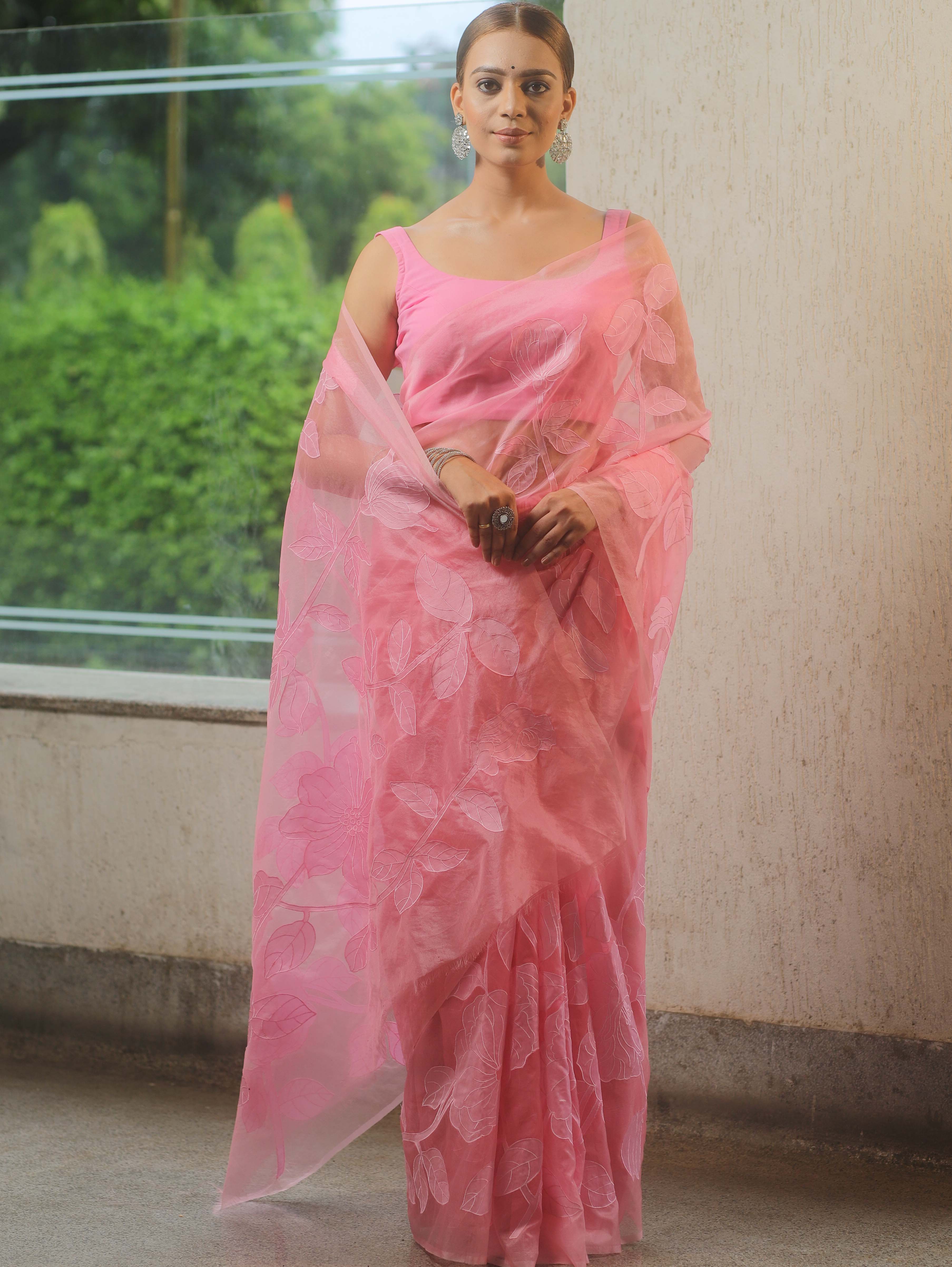 Banarasee Organza Mix Applique Work Saree-Pink