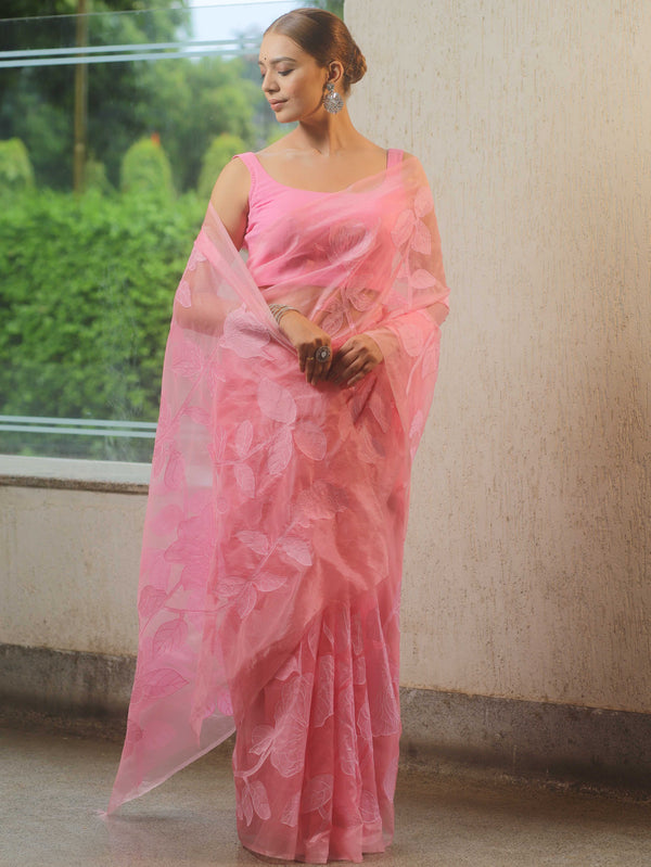 Banarasee Organza Mix Applique Work Saree-Pink