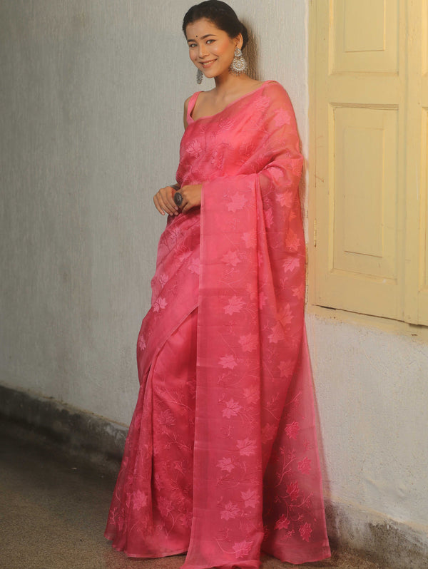 Banarasee Organza Mix Applique Work Saree-Pink