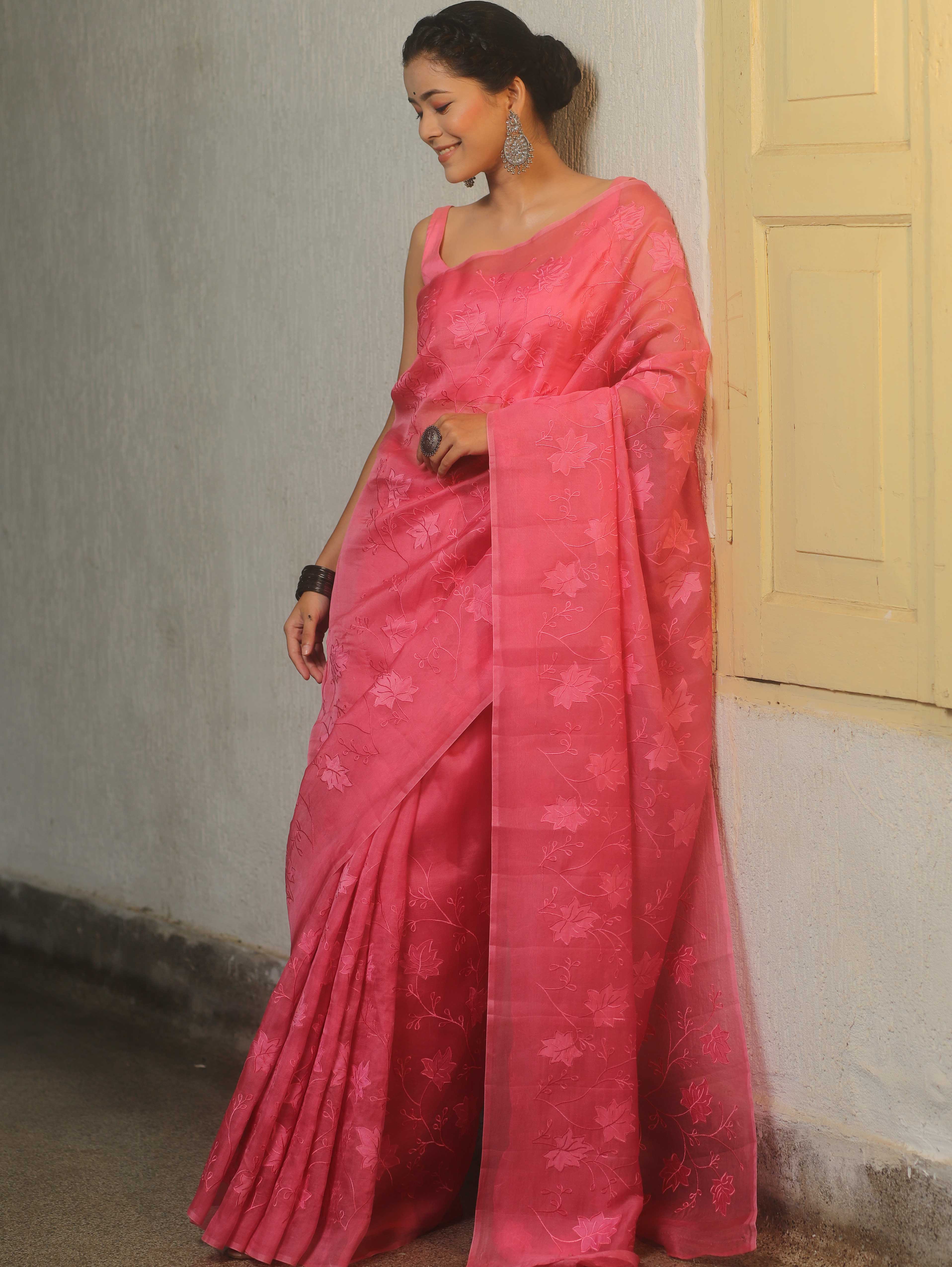 Banarasee Organza Mix Applique Work Saree-Pink