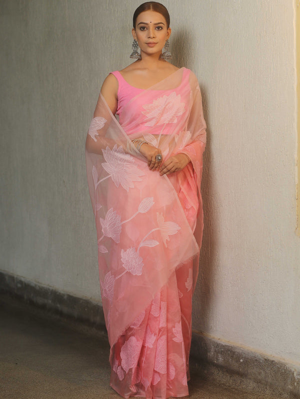 Banarasee Organza Mix Applique Work Saree-Pink