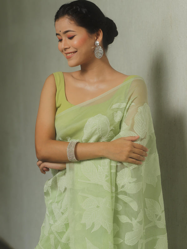 Banarasee Organza Mix Applique Work Saree-Light Green