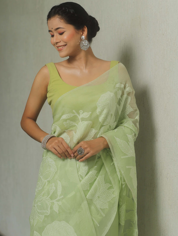 Banarasee Organza Mix Applique Work Saree-Light Green