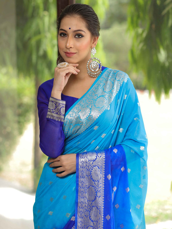 Banarasee Organza Saree With Silver Zari Design & Dual Color-Blue