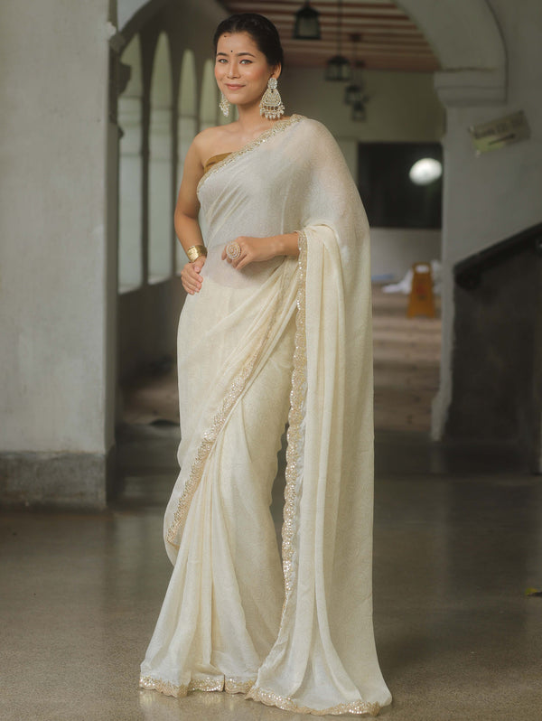 Banarasee Chiffon Bandhani Print Saree & Hand Work With Contrast Blouse-Cream