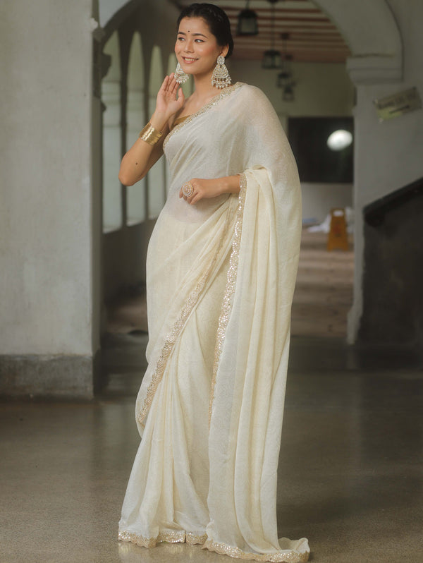 Banarasee Chiffon Bandhani Print Saree & Hand Work With Contrast Blouse-Cream