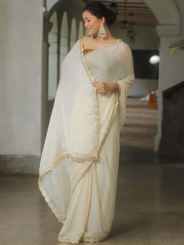 Banarasee Chiffon Bandhani Print Saree & Hand Work With Contrast Blouse-Cream