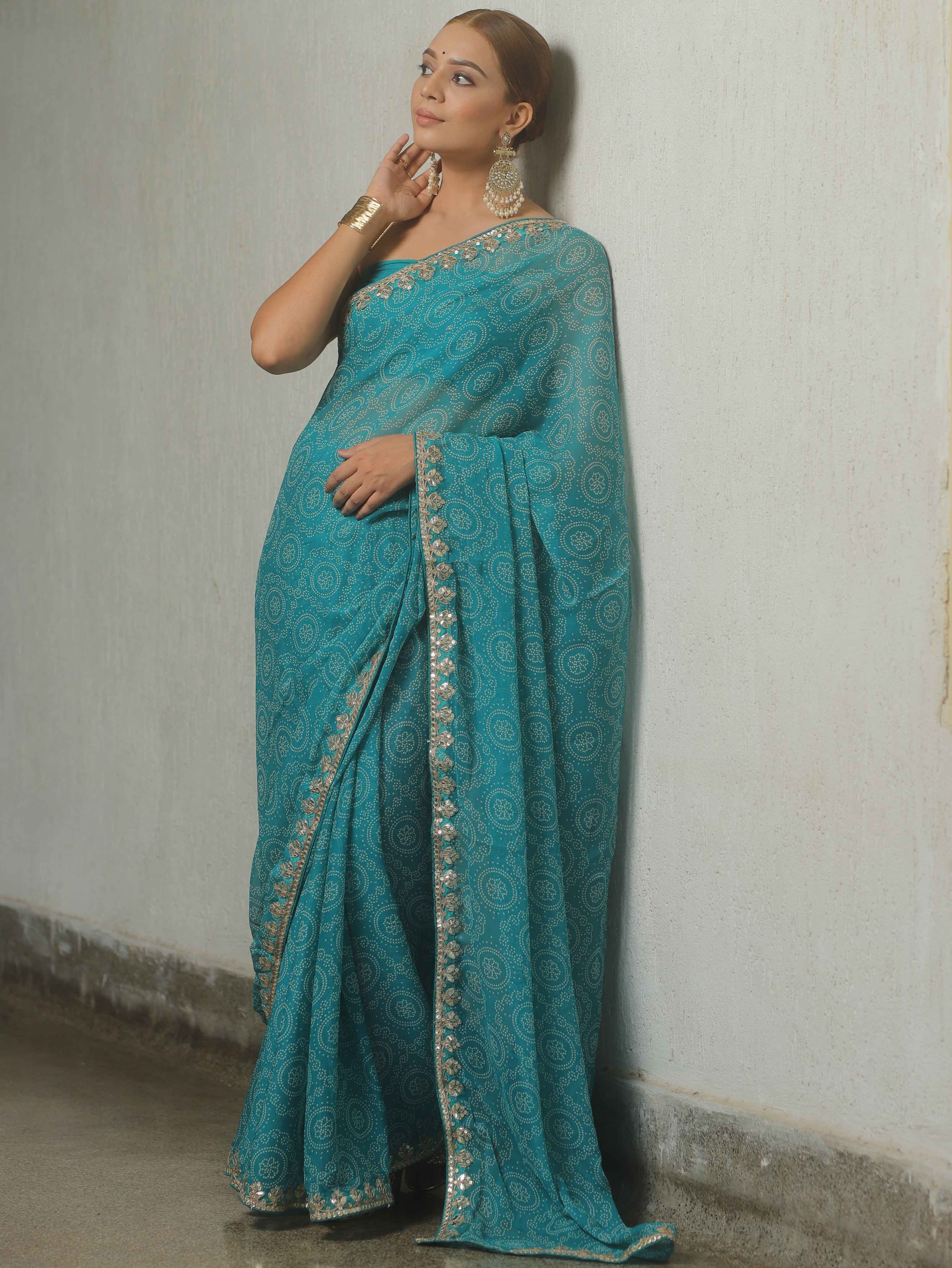 Banarasee Chiffon Embroidered With Bandhani Print Saree-Blue