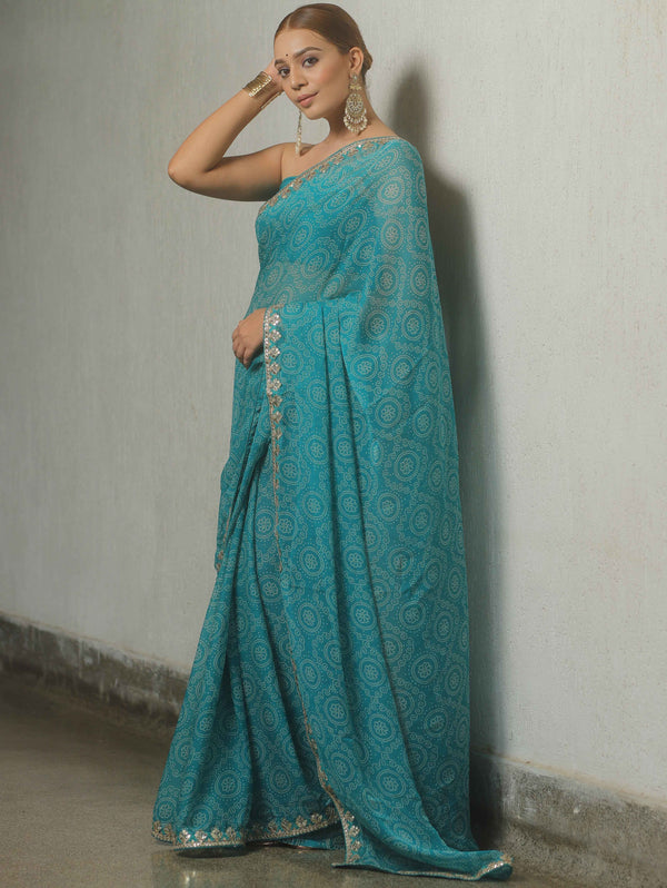 Banarasee Chiffon Embroidered With Bandhani Print Saree-Blue