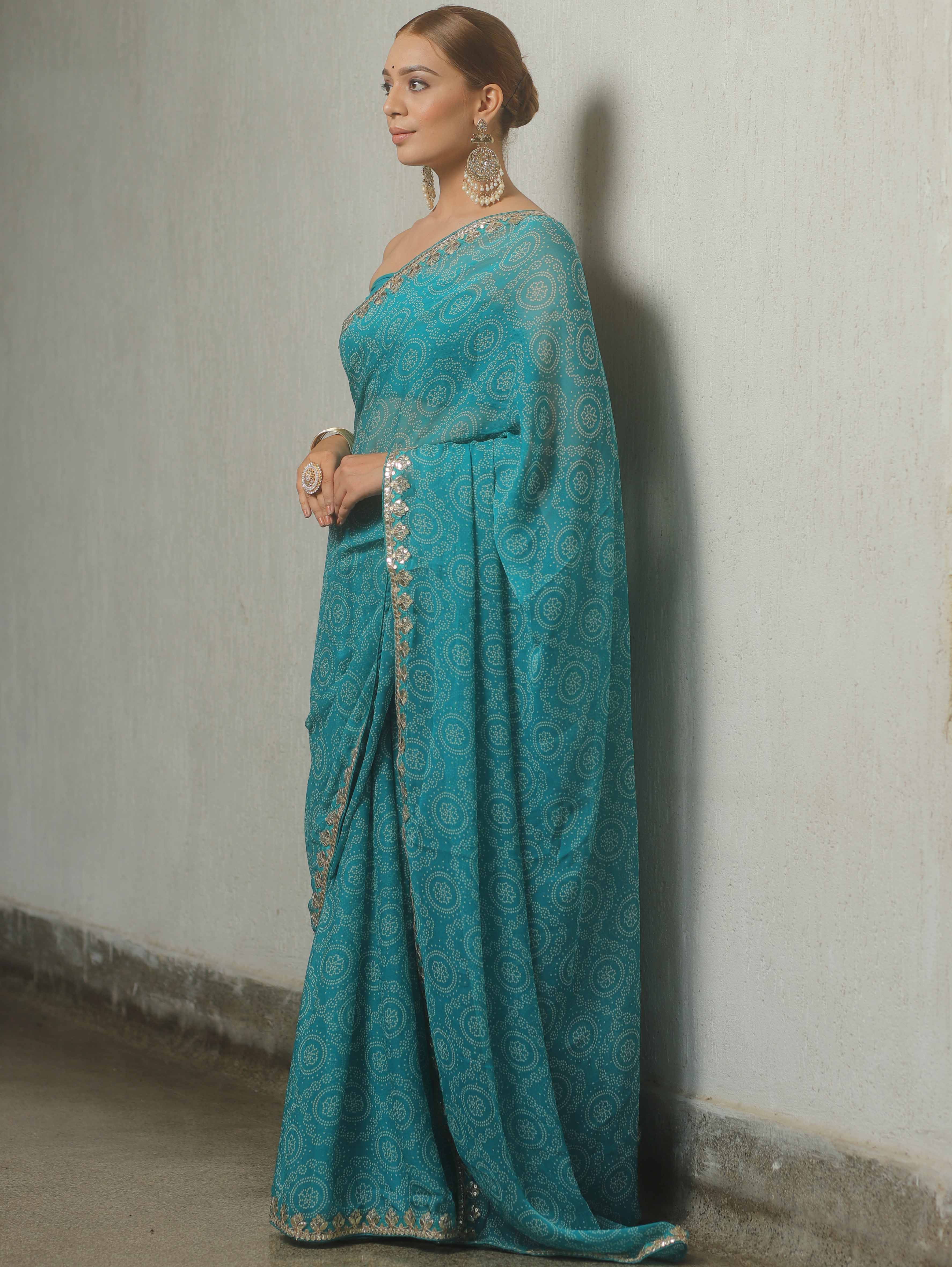 Banarasee Chiffon Embroidered With Bandhani Print Saree-Blue