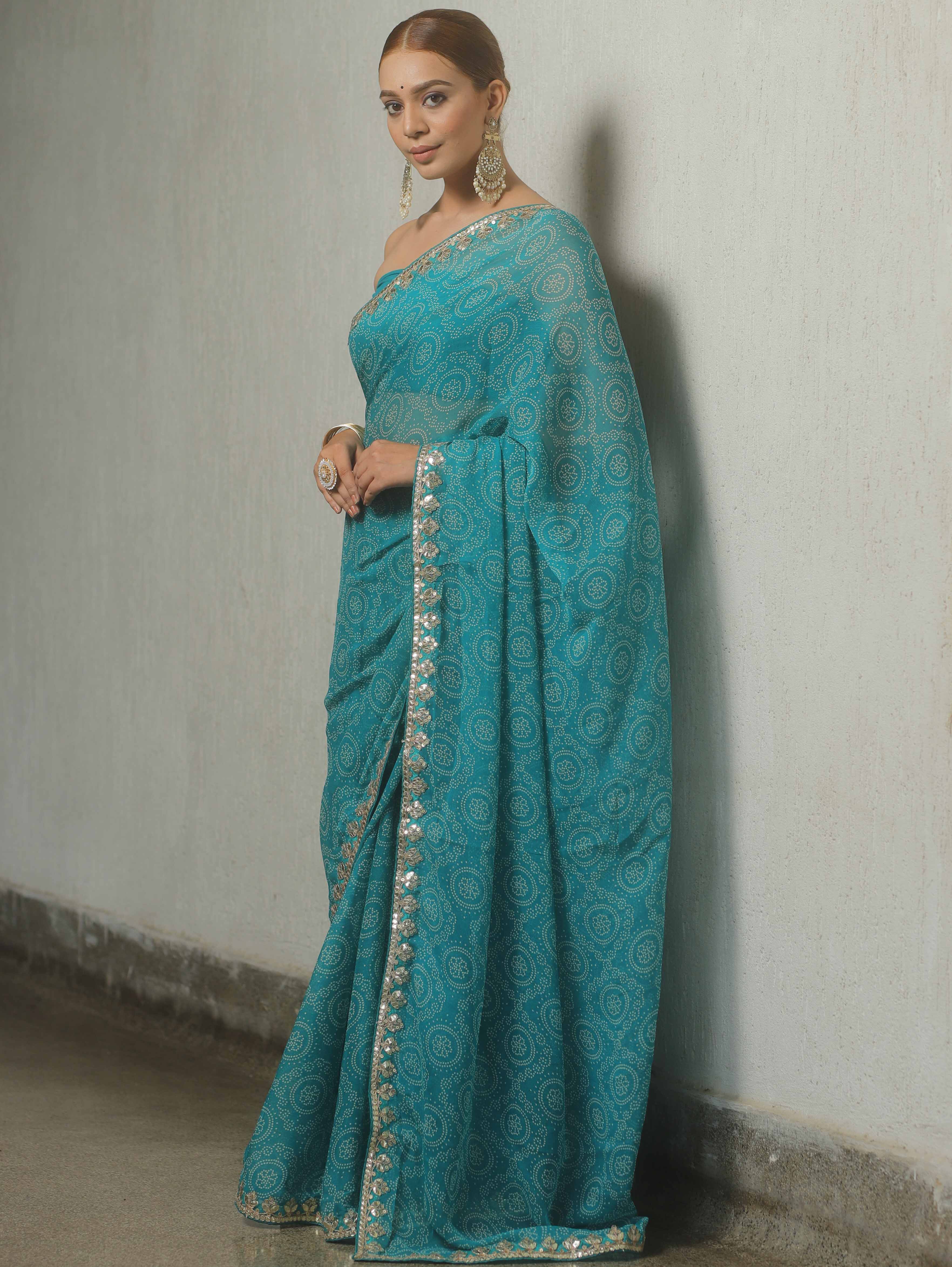 Banarasee Chiffon Embroidered With Bandhani Print Saree-Blue