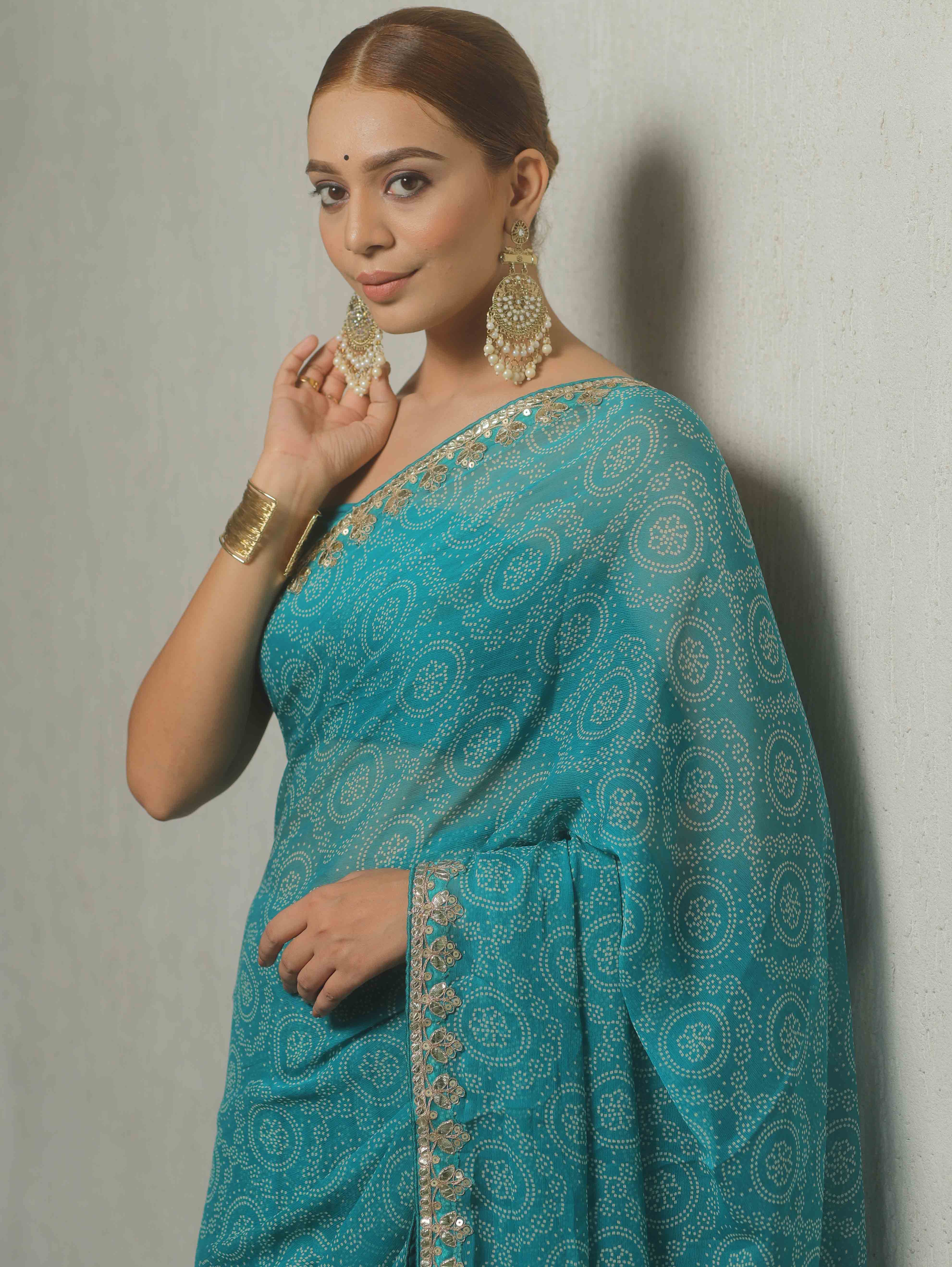 Banarasee Chiffon Embroidered With Bandhani Print Saree-Blue