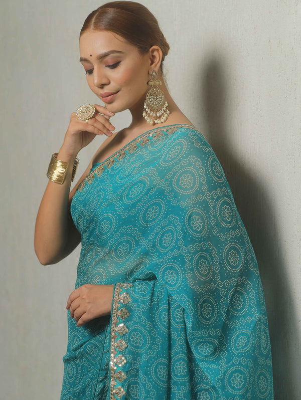 Banarasee Chiffon Embroidered With Bandhani Print Saree-Blue