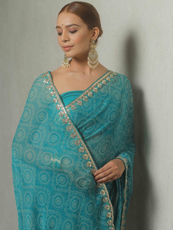 Banarasee Chiffon Embroidered With Bandhani Print Saree-Blue