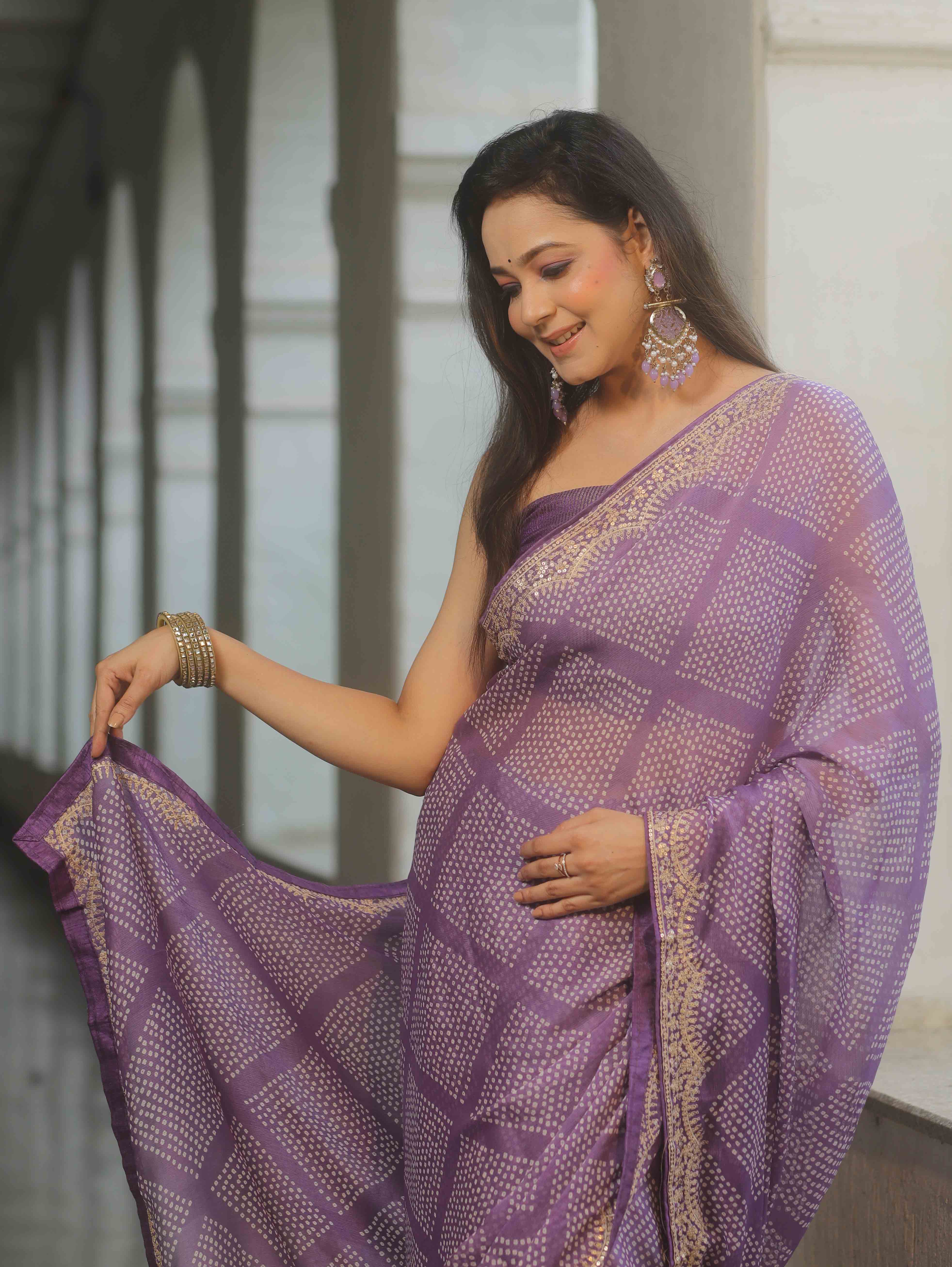 Banarasee Chiffon Embroidered With Bandhani Print Saree-Lavender