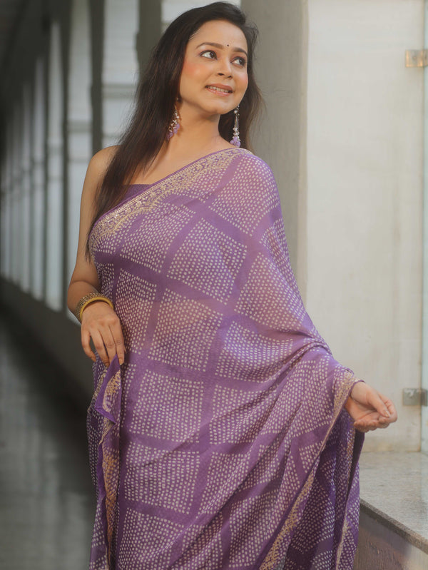 Banarasee Chiffon Embroidered With Bandhani Print Saree-Lavender