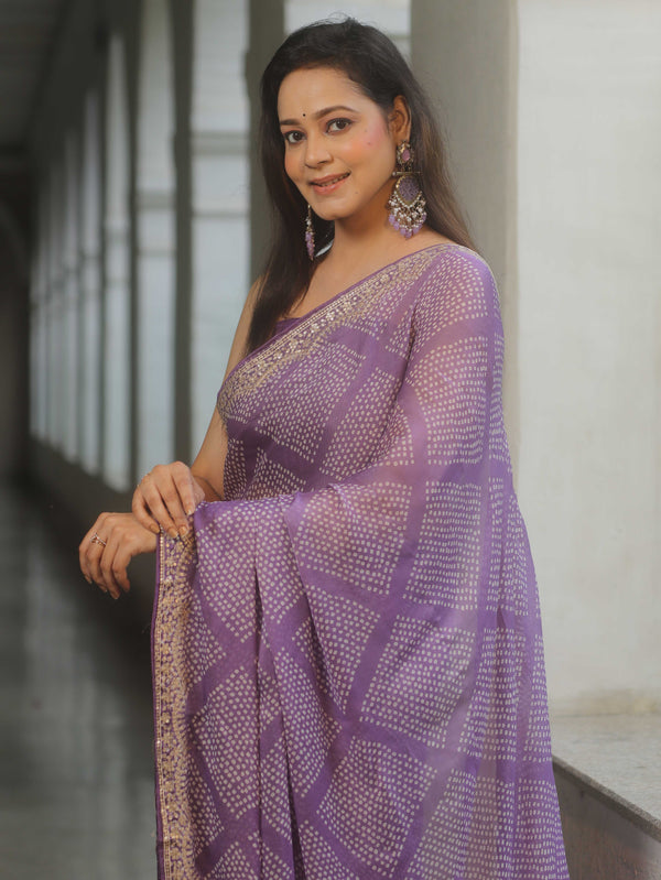 Banarasee Chiffon Embroidered With Bandhani Print Saree-Lavender