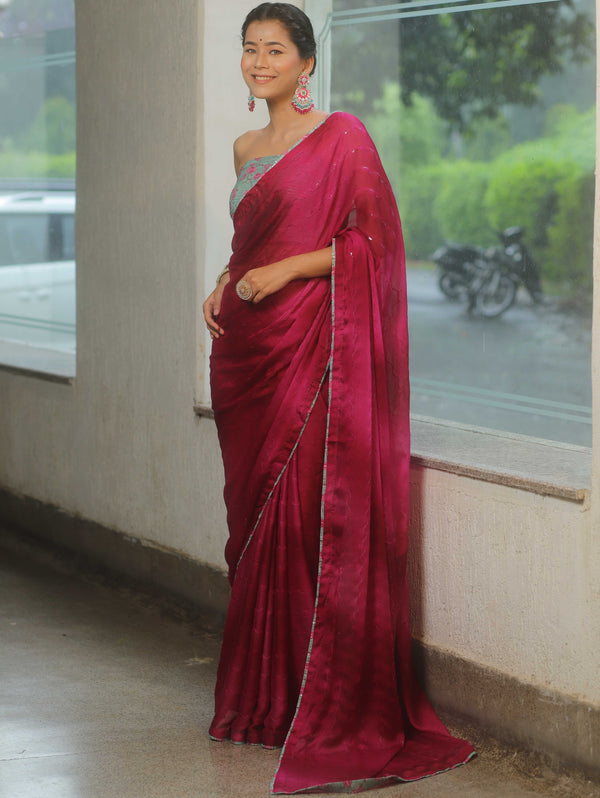 Banarasee Chiffon Saree Sequins Work With Contrast Blouse-Magenta