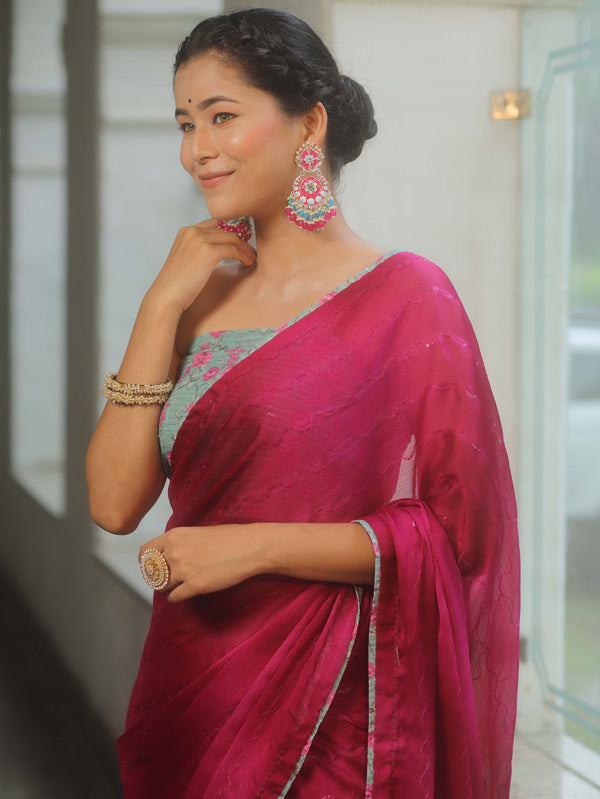 Banarasee Chiffon Saree Sequins Work With Contrast Blouse-Magenta