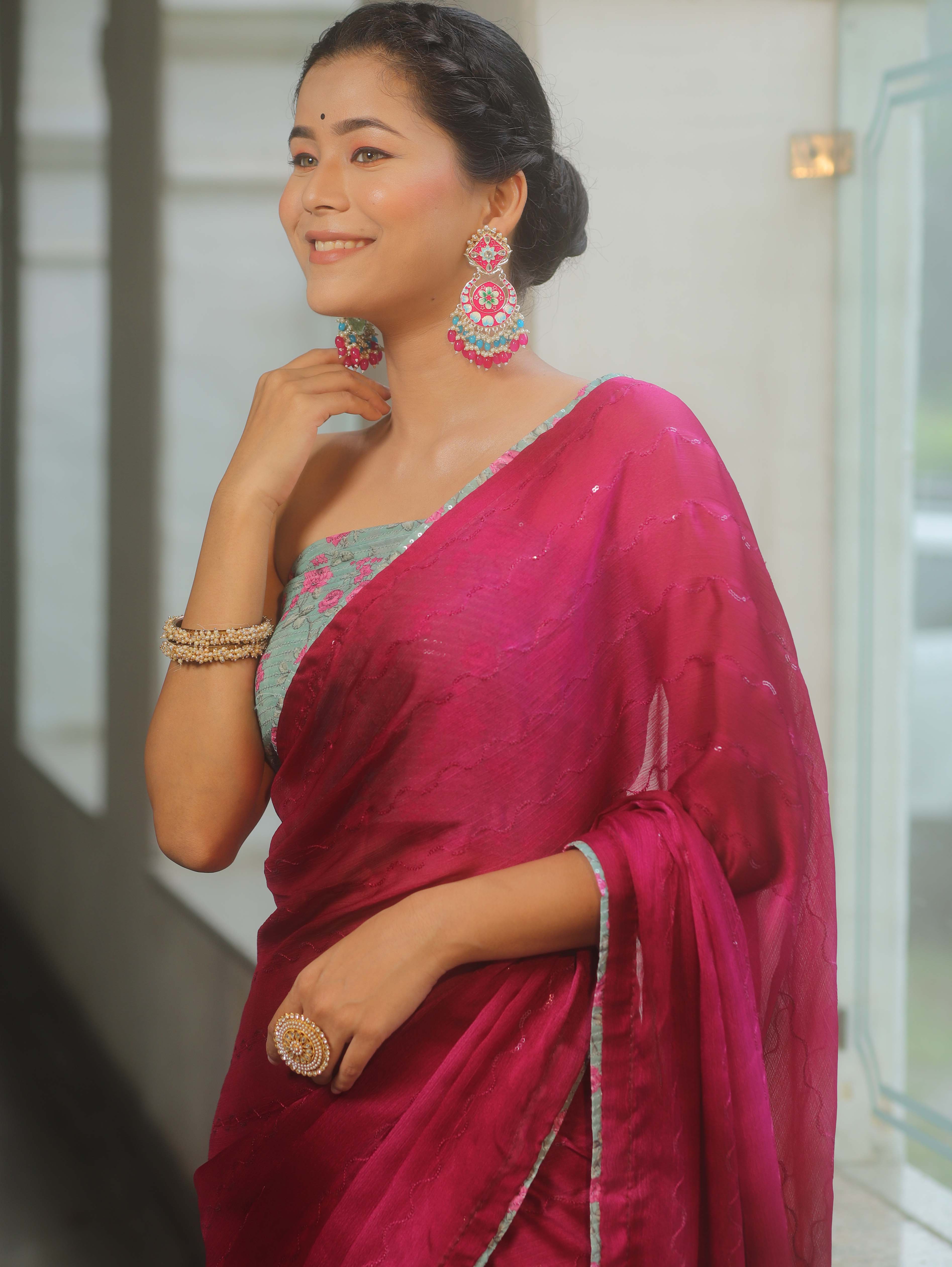 Banarasee Chiffon Saree Sequins Work With Contrast Blouse-Magenta