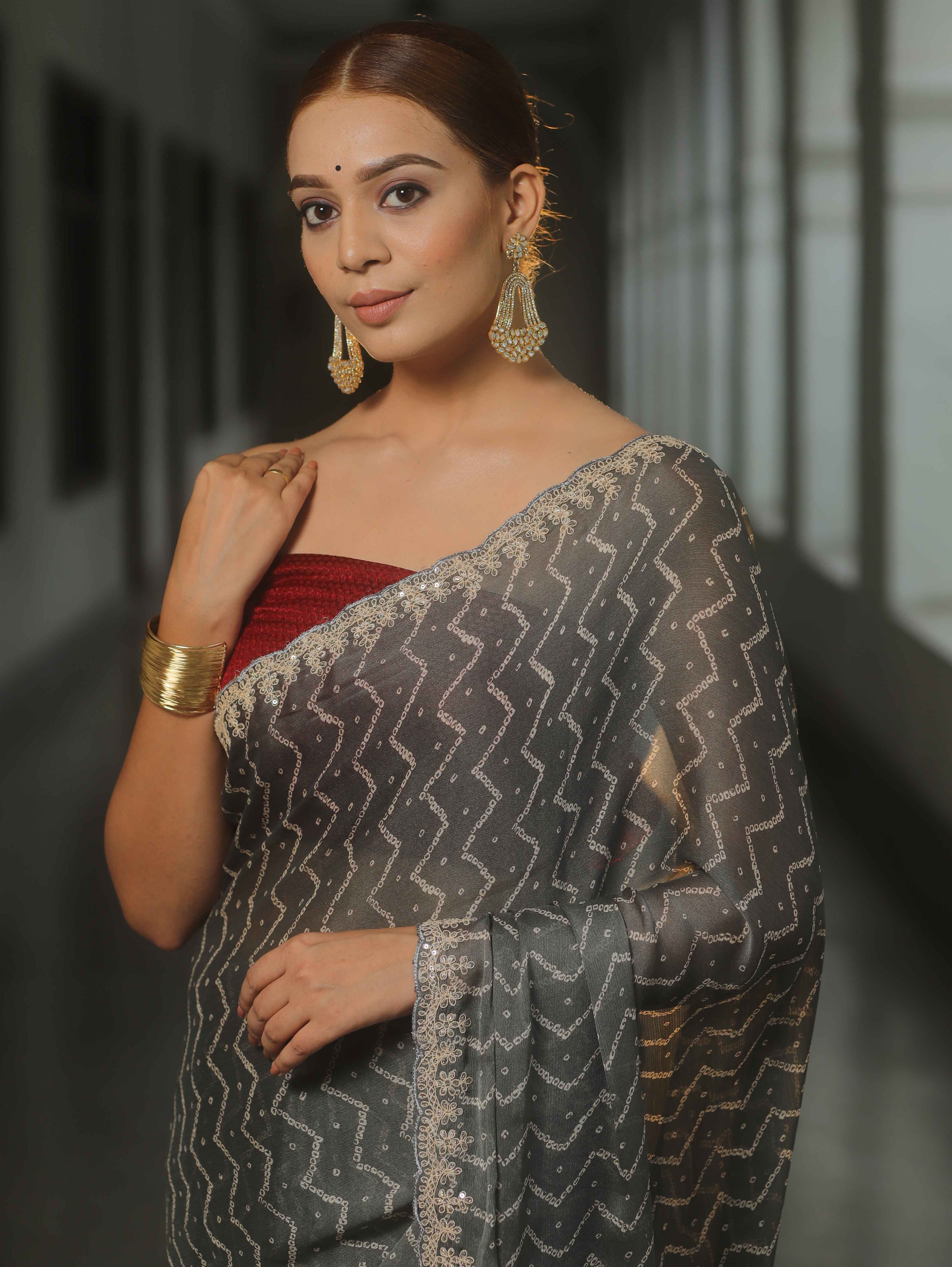 Banarasee Chiffon Bandhani Print Saree & Hand Work With Contrast Blouse-Grey