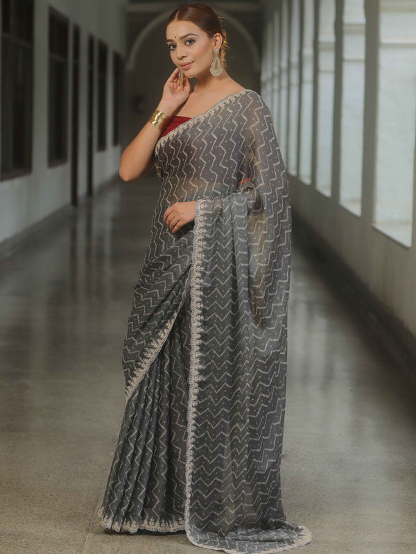 Banarasee Chiffon Bandhani Print Saree & Hand Work With Contrast Blouse-Grey