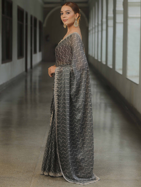 Banarasee Chiffon Bandhani Print Saree & Hand Work With Contrast Blouse-Grey