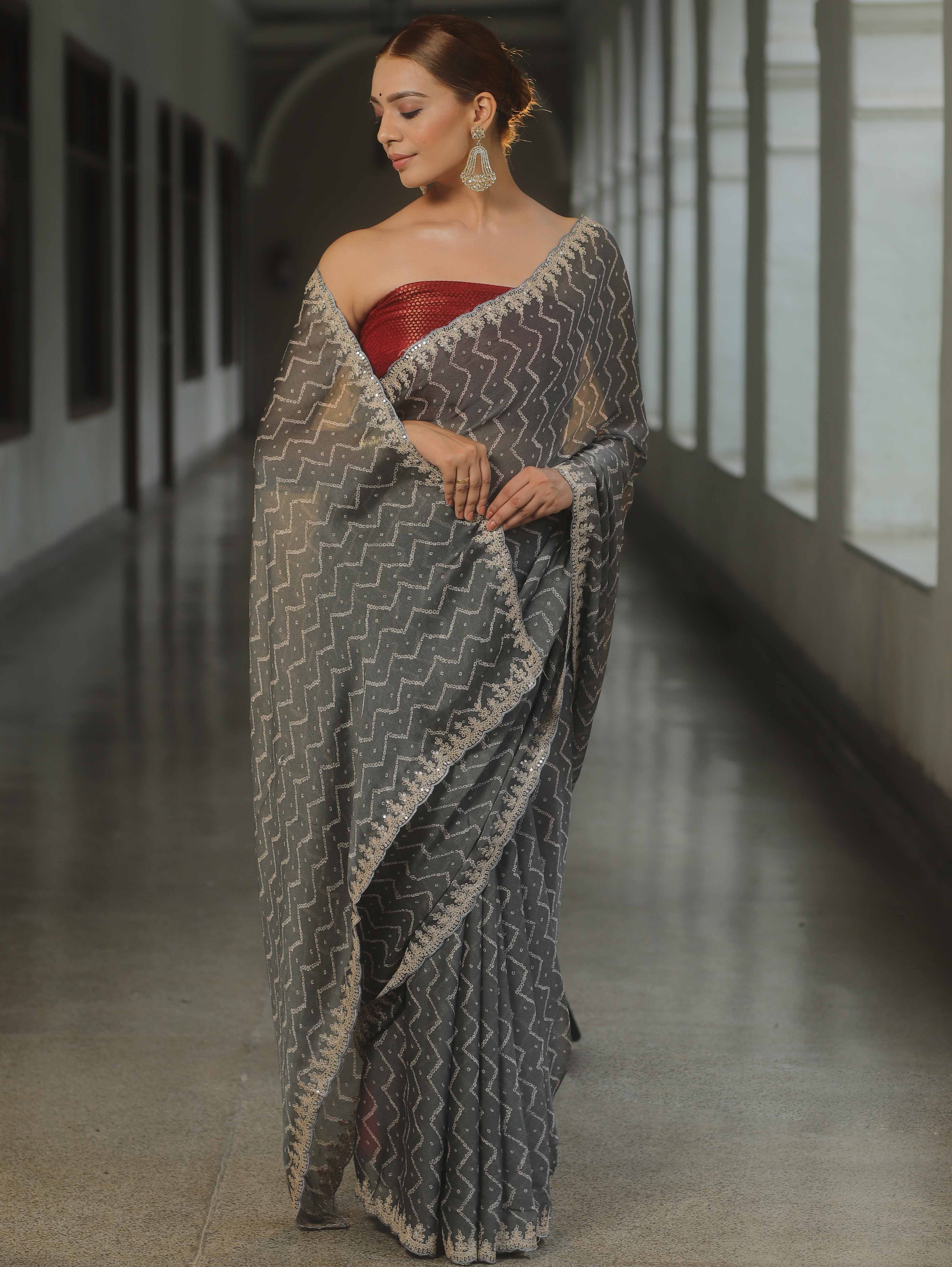 Banarasee Chiffon Bandhani Print Saree & Hand Work With Contrast Blouse-Grey