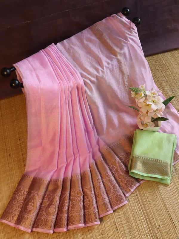 Banarasee Handwoven Plain Semi Silk Saree With Zari Border-Pink