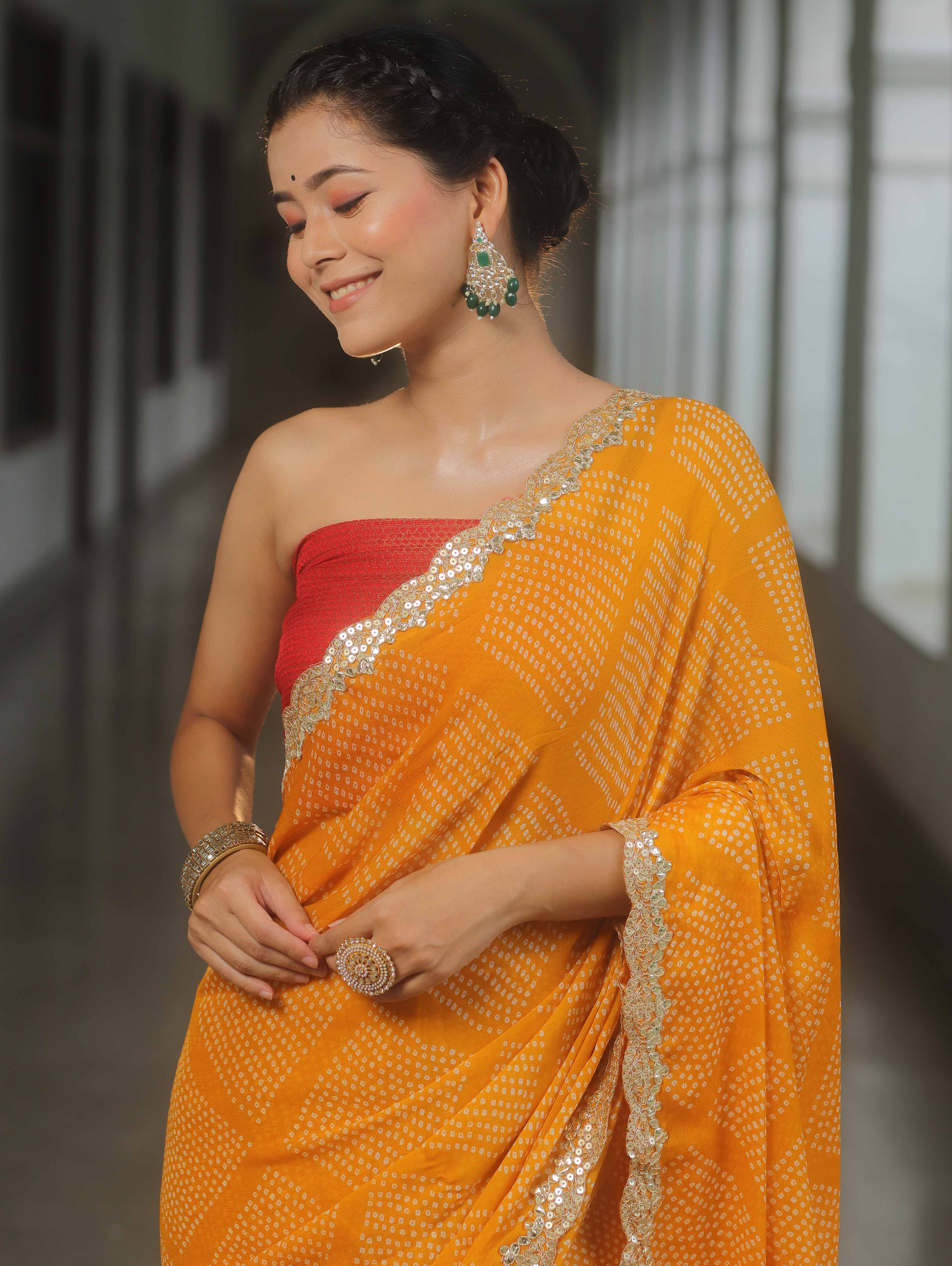 Banarasee Chiffon Bandhani Print Saree & Hand Work With Contrast Blouse-Yellow