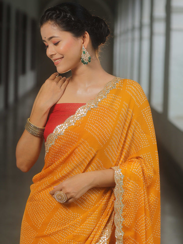 Banarasee Chiffon Bandhani Print Saree & Hand Work With Contrast Blouse-Yellow