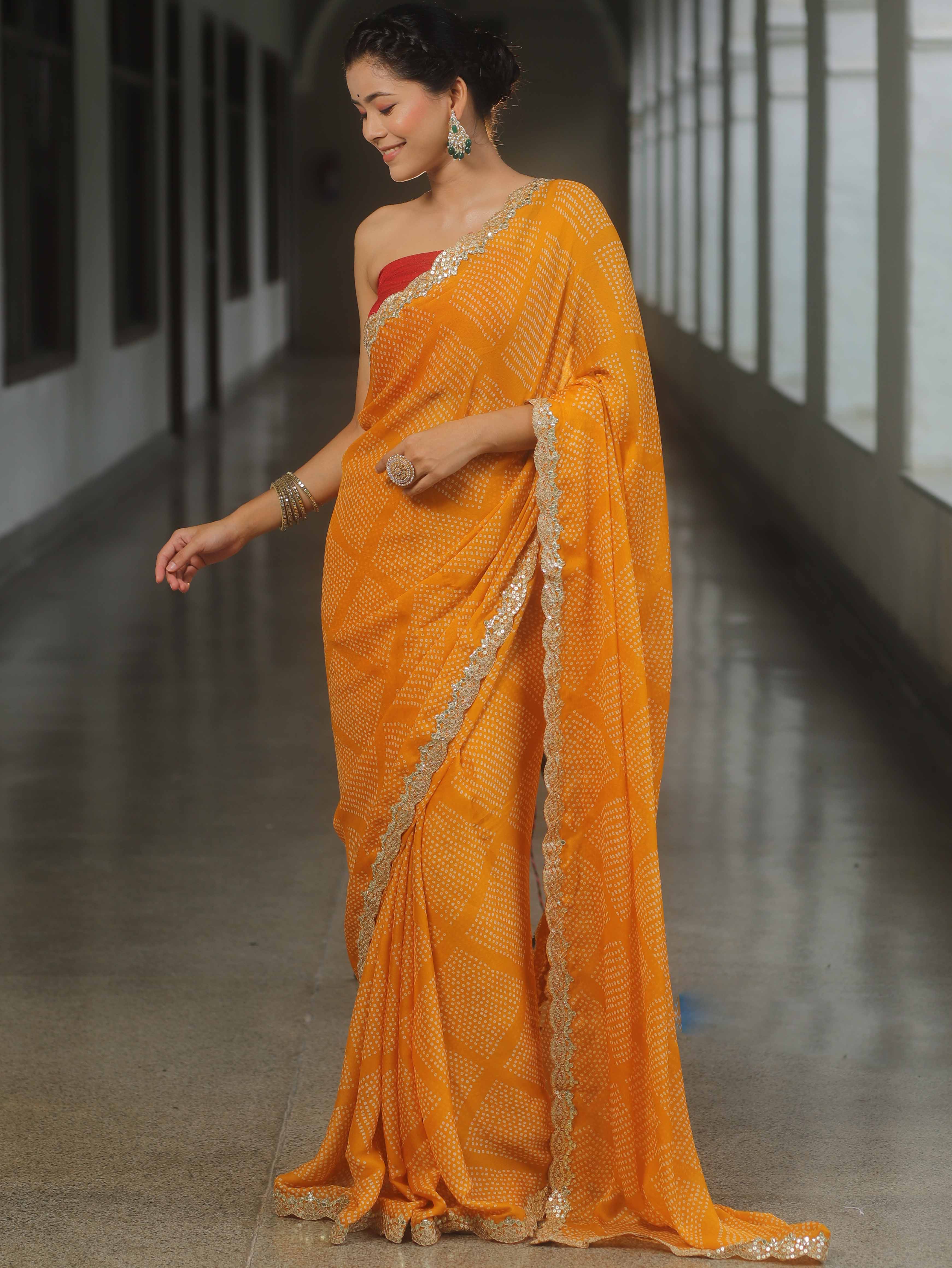 Banarasee Chiffon Bandhani Print Saree & Hand Work With Contrast Blouse-Yellow