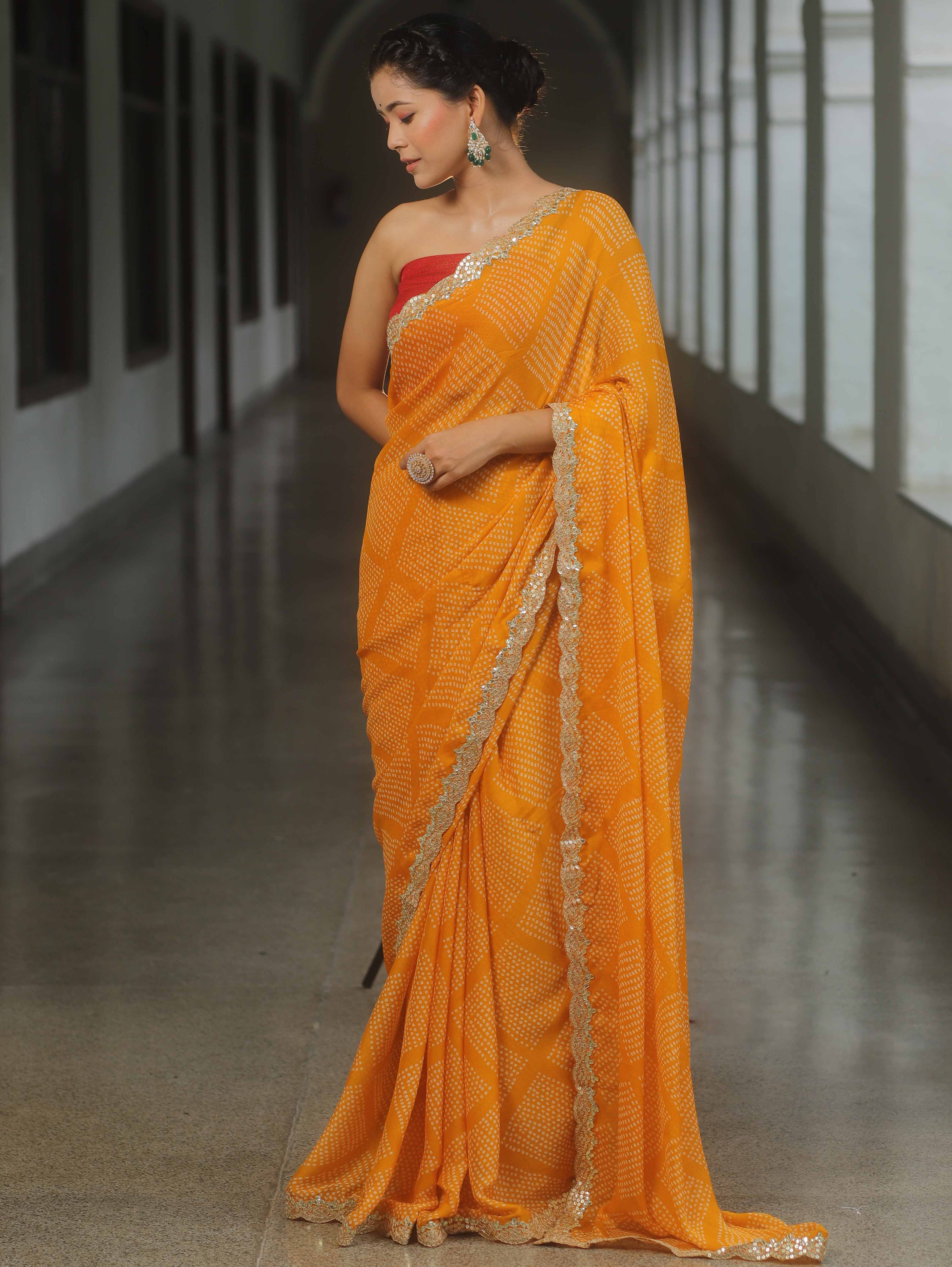 Banarasee Chiffon Bandhani Print Saree & Hand Work With Contrast Blouse-Yellow