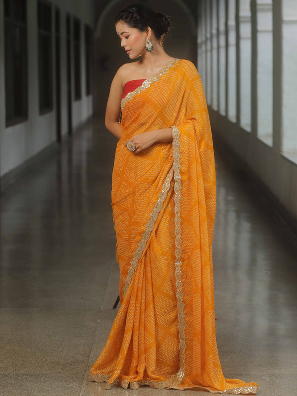 Banarasee Chiffon Bandhani Print Saree & Hand Work With Contrast Blouse-Yellow