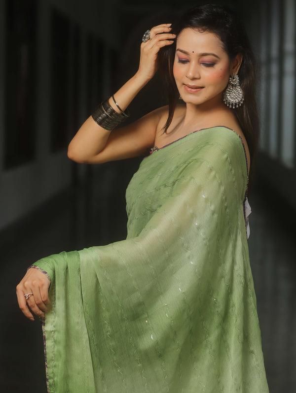 Banarasee Chiffon Saree Sequins Work With Contrast Blouse-Green