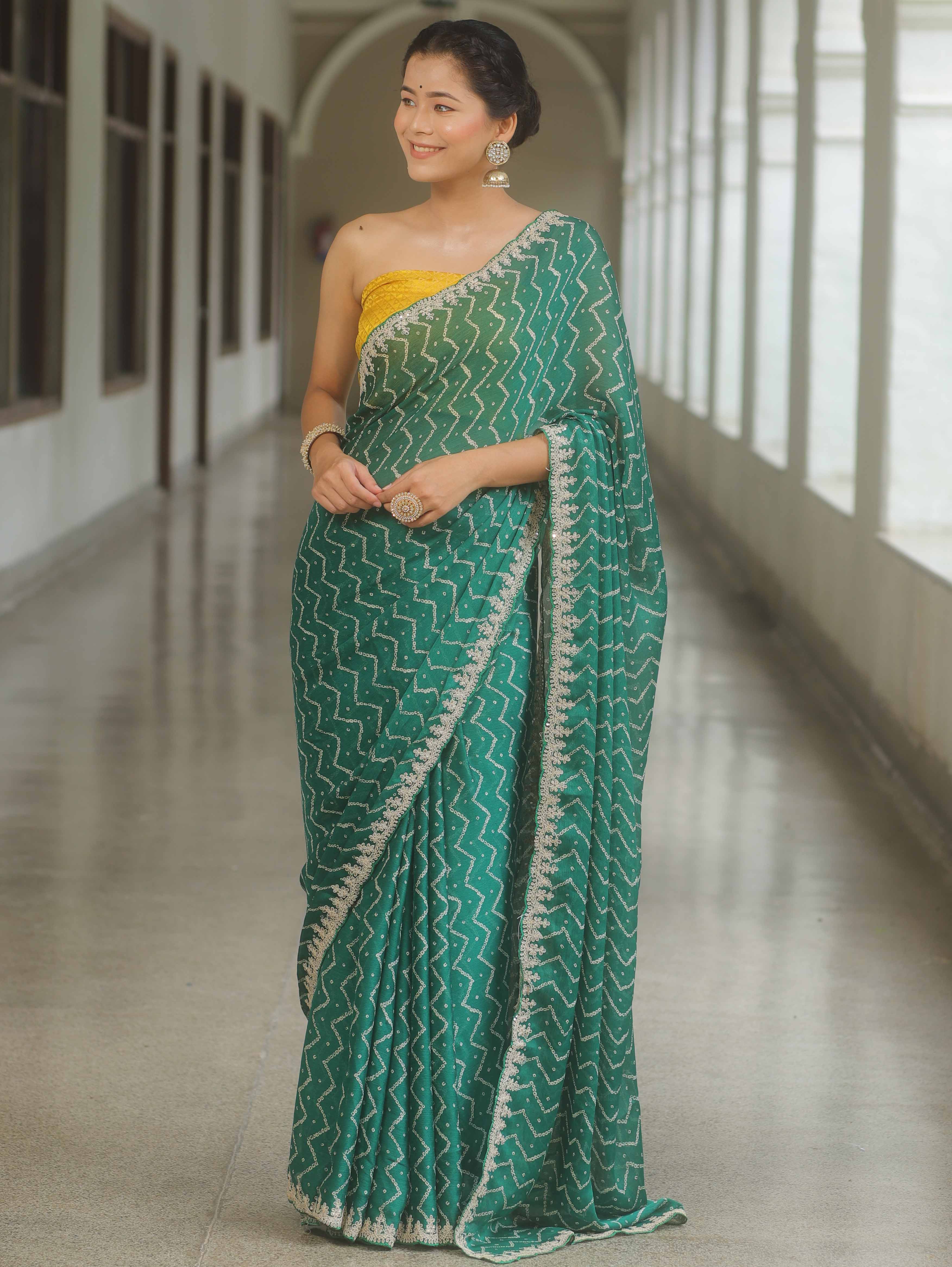 Banarasee Chiffon Bandhani Print Saree & Hand Work With Contrast Blouse-Green