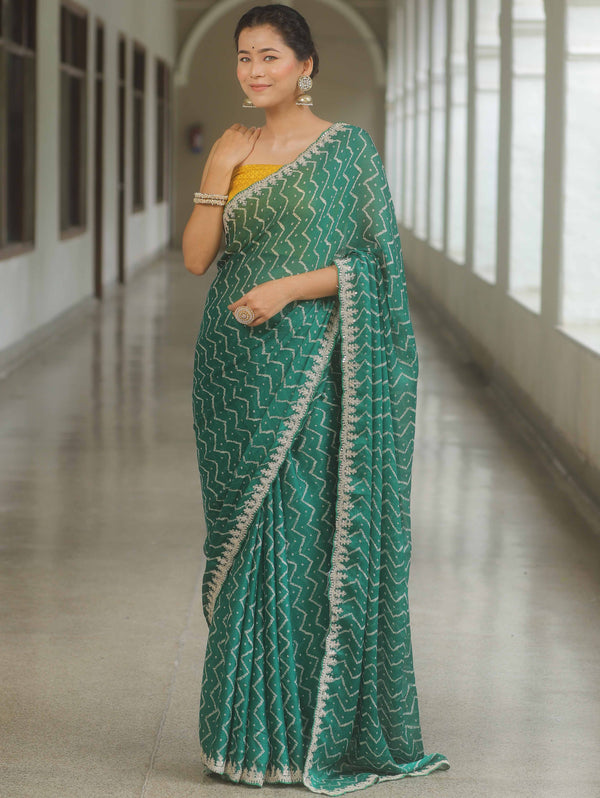 Banarasee Chiffon Bandhani Print Saree & Hand Work With Contrast Blouse-Green