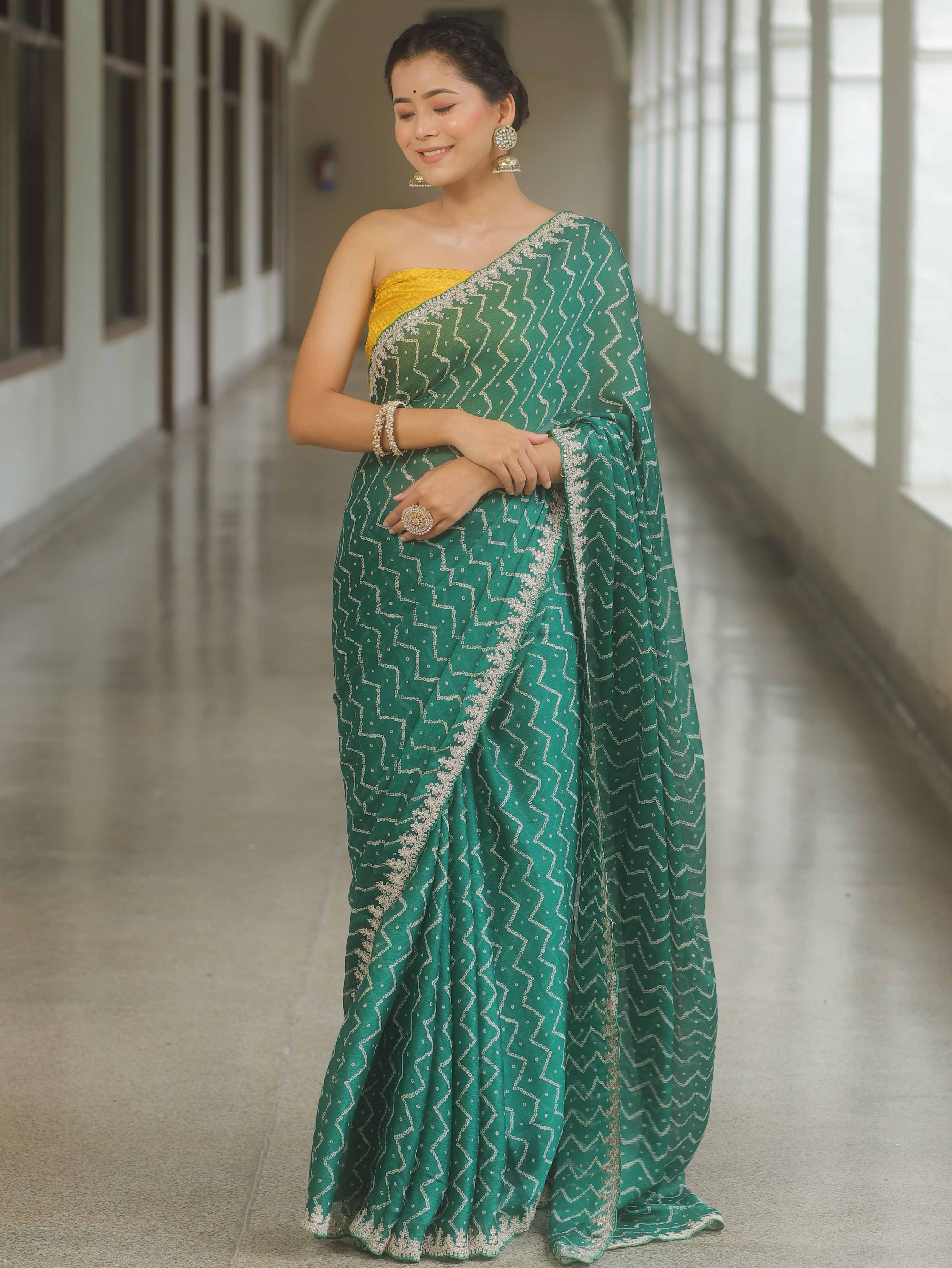 Banarasee Chiffon Bandhani Print Saree & Hand Work With Contrast Blouse-Green